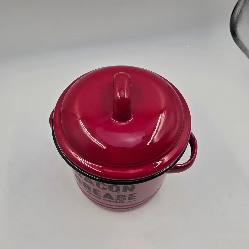 Red Enamelware Bacon Grease Vintage Storage Canister Lid Farmhouse Kitchen T3